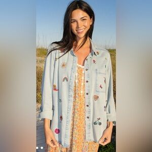 Natural Life Favorite Little Things Embroidered Light Blue Denim Shirt